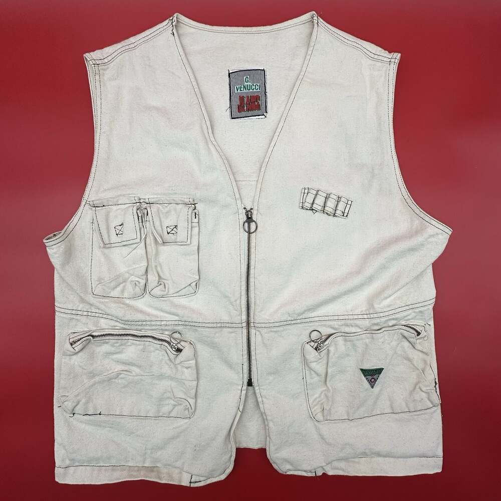 Vintage 90s Gino G. Venucci Jeans Men's Size XL Beige Denim Zip-Up Utility Vest